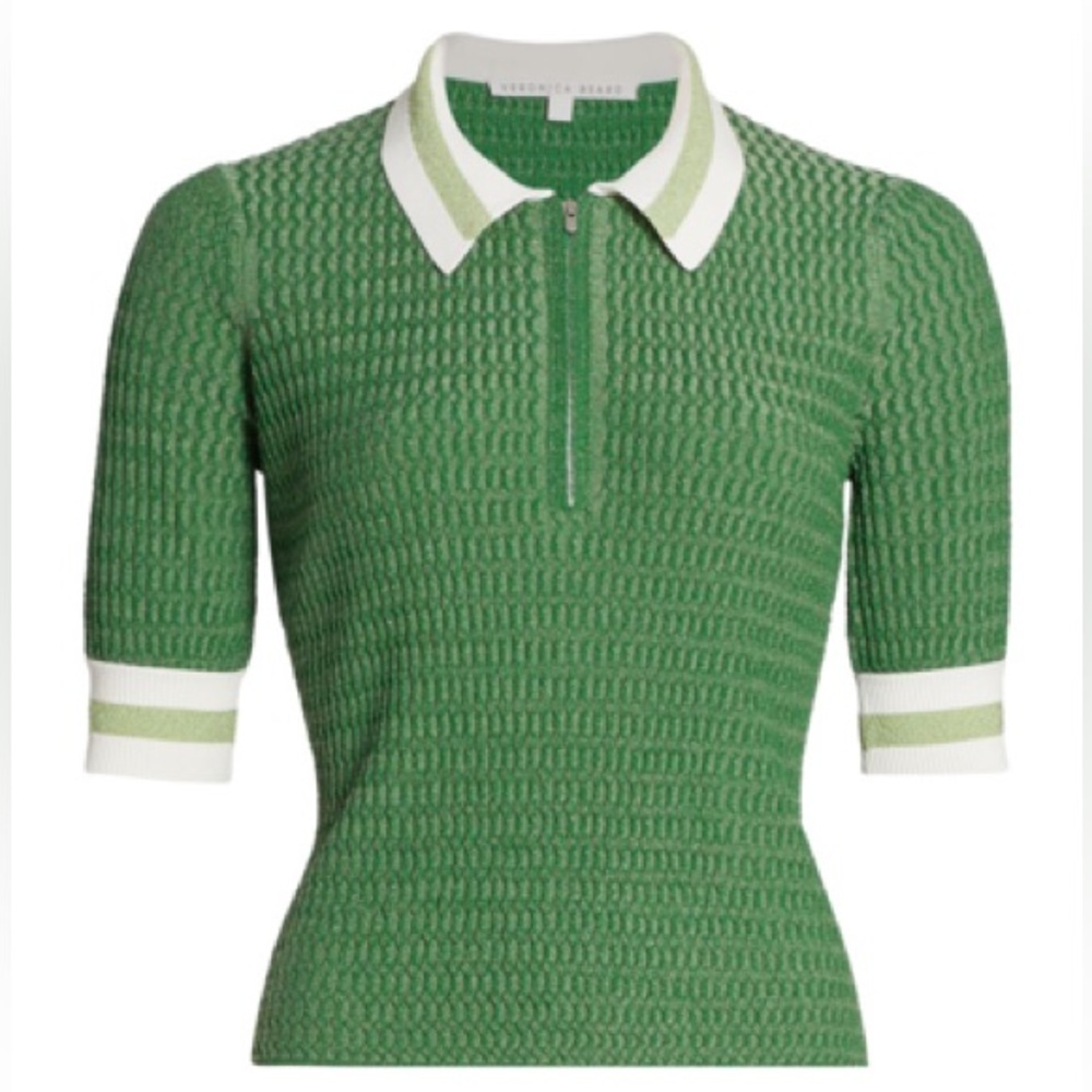 Veronica Beard Green and White Zip Polo Knit Top